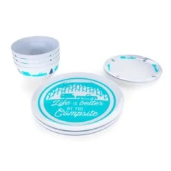 CAMCO Life Is Better At The Campsite Teal Trailer & Trees Pattern 12-Piece Melamine Dinnerware Set